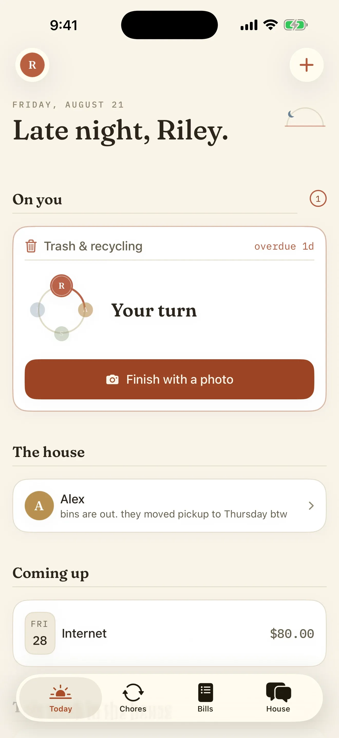 Quarters Today tab: a serif greeting, the one chore that needs you with its rotation ring, and what's coming up around the house