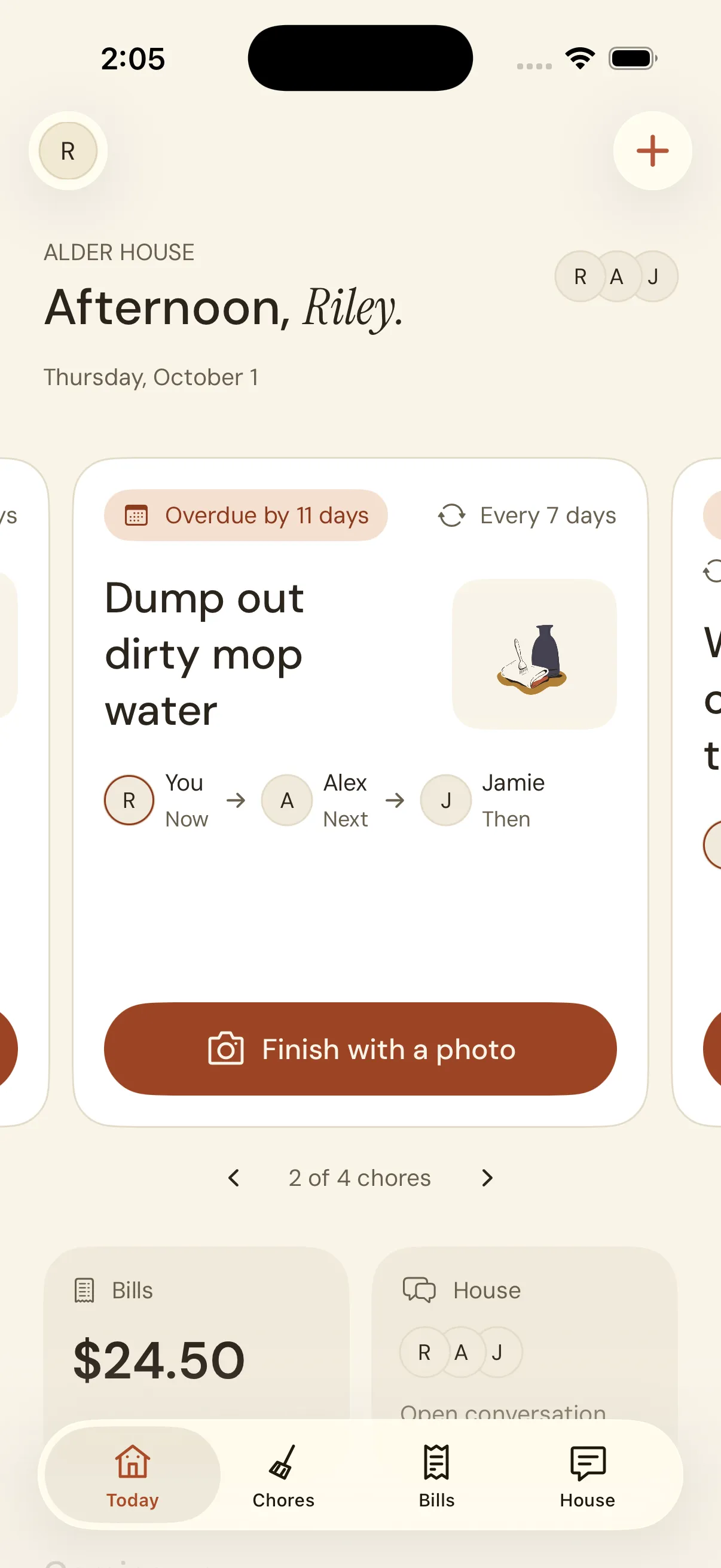 The second of four due chores in Quarters, with named turn order and both neighboring cards visible.
