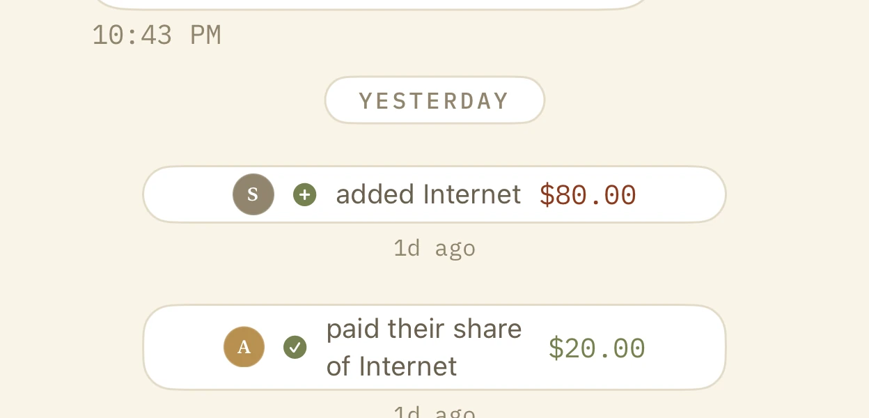 Journal entries woven into the thread: S added Internet $80.00, A paid their share — written by nobody
