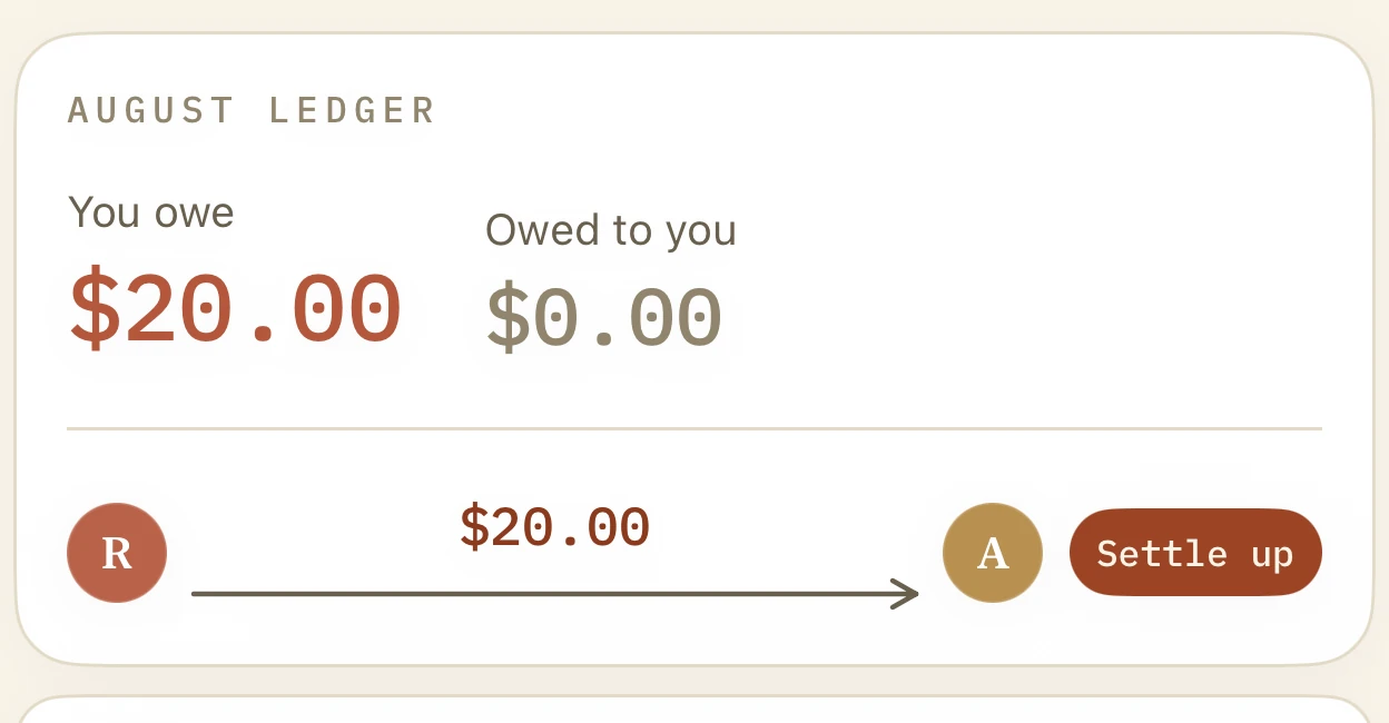 The August ledger: you owe $20.00, and one Settle up clears it