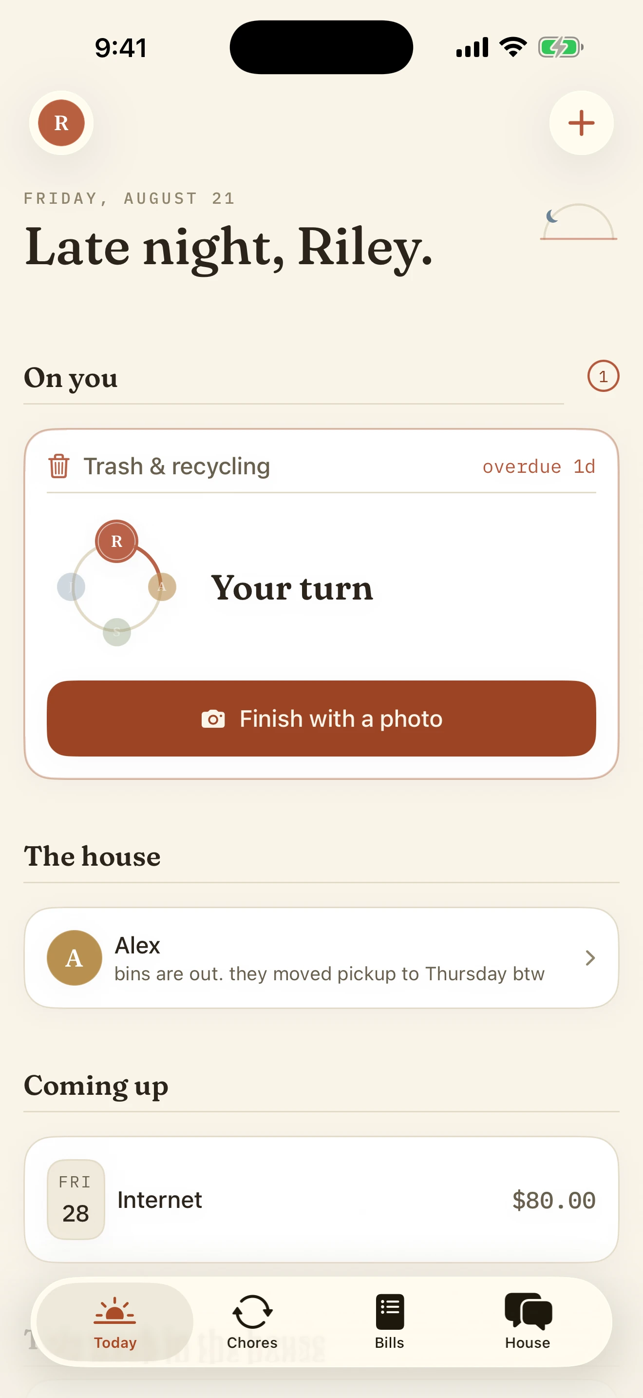 Quarters Today tab: a serif greeting, the one chore that needs you with its rotation ring, and what's coming up around the house